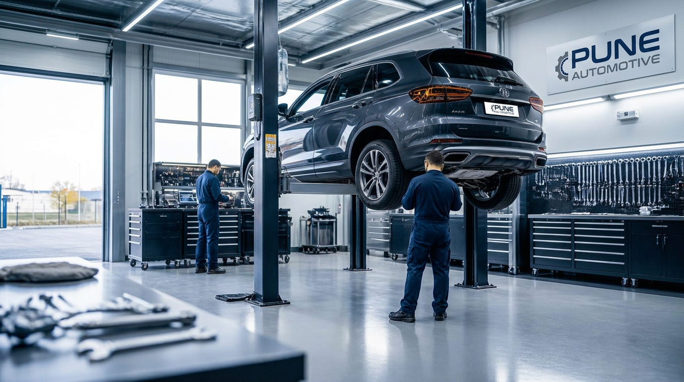 Inside the Pune Automotive multi-brand car service workshop in Hadapsar, Pune